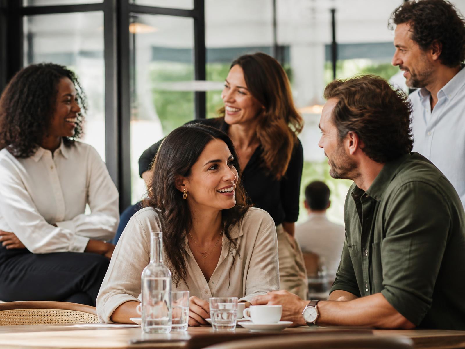 Pessoas adultas e diversas conversando presencialmente em um café