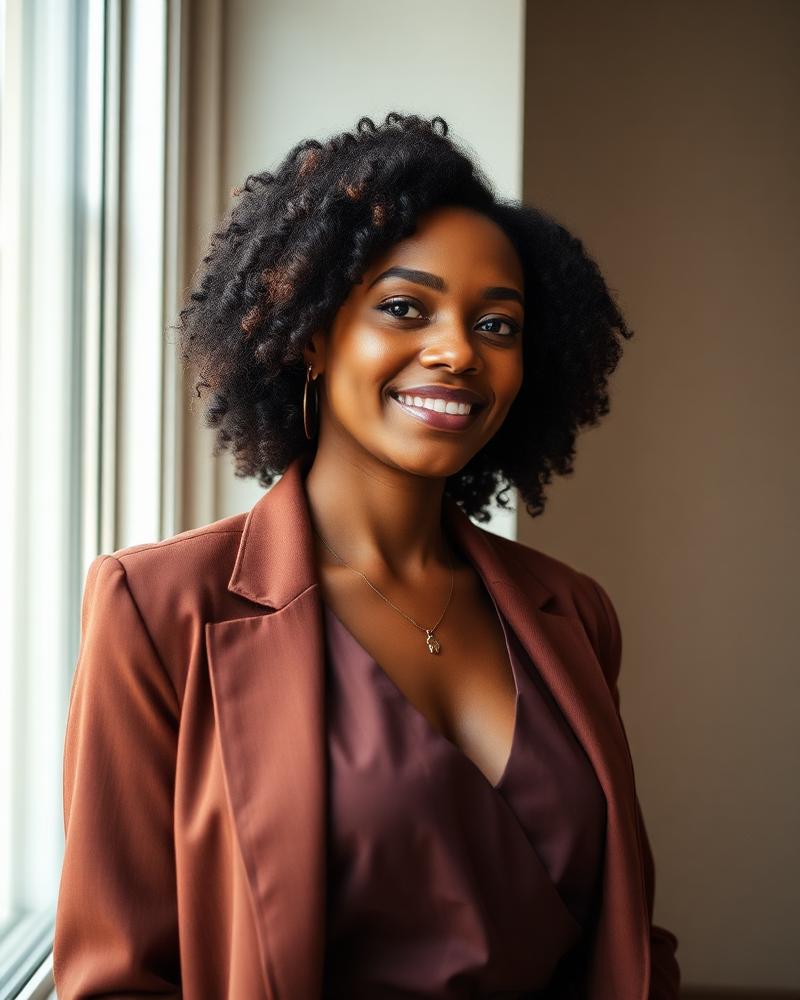 Mulher negra de aproximadamente 35 anos, profissional, em ambiente iluminado
