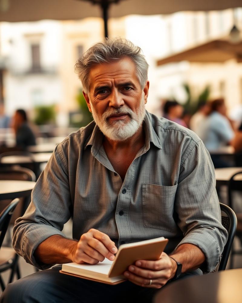 Homem de aproximadamente 45 anos sentado em um café ao ar livre