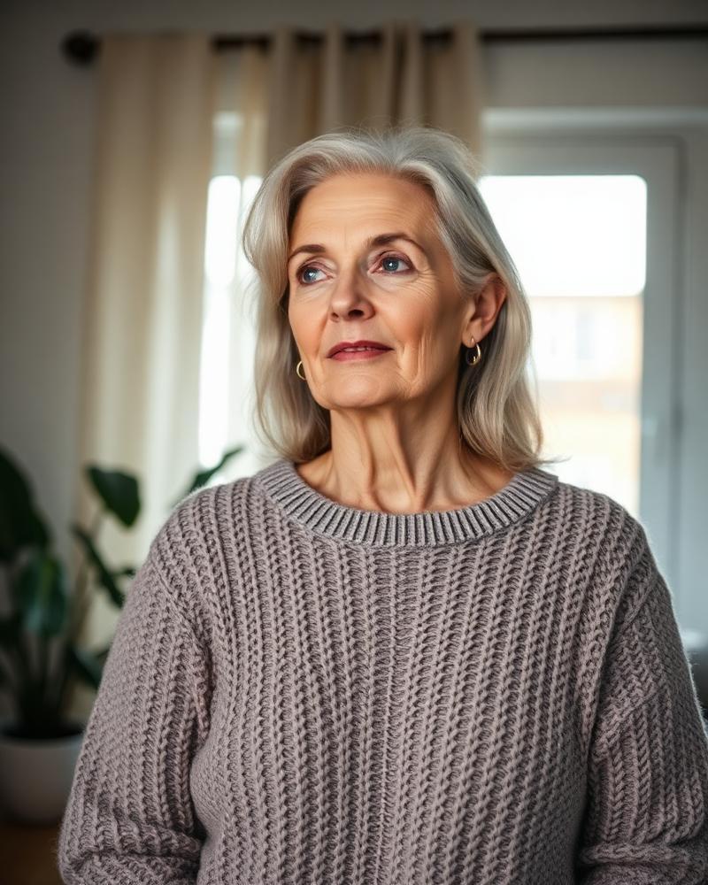 Mulher de aproximadamente 48 anos em sua casa, expressão serena