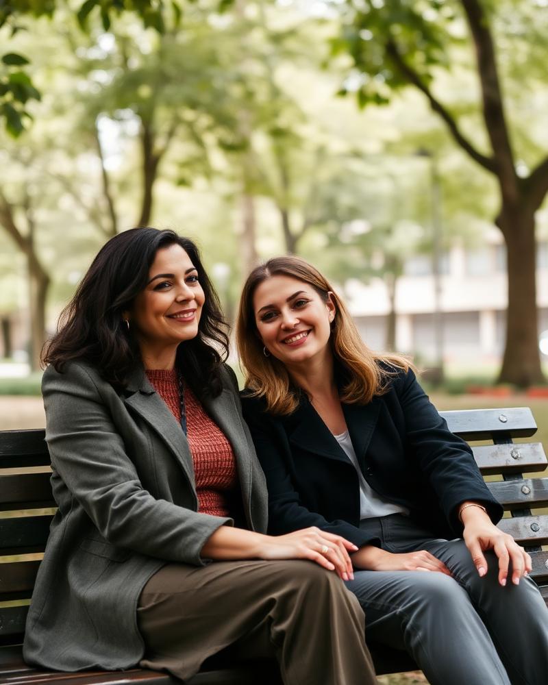 Duas mulheres conversando em um banco de parque